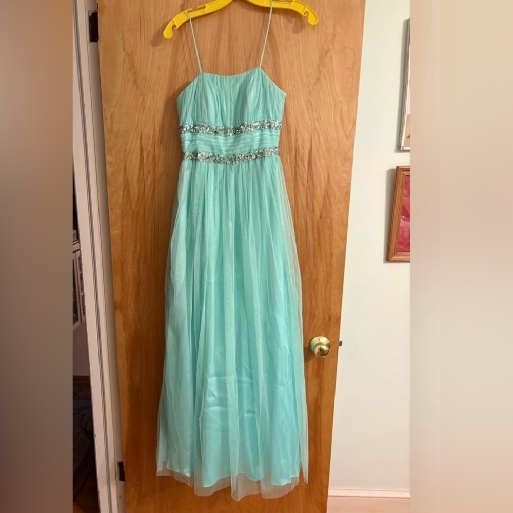 Morgan & Co Turquoise Green Strapless Formal Prom Dress Juniors Sz 1/2 Sequin - Picture 8 of 9